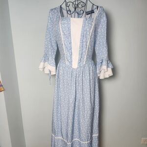 Cottagecore Prairie Dress Blue Floral Lace Ruffle Midi Small